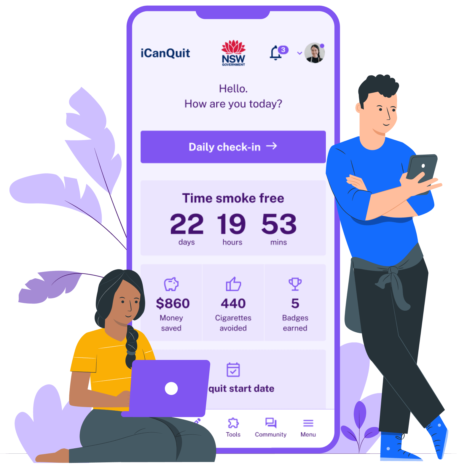 The iCanQuit dashboard welcoming a logged in user. Showing time smoke free, money saved, cigarettes avoided, badges earned and the quit start date.