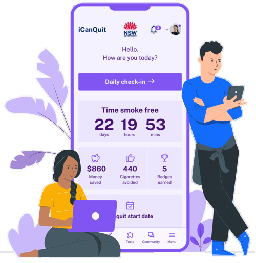 The iCanQuit dashboard welcoming a logged in user. Showing time smoke free, money saved, cigarettes avoided, badges earned and the quit start date.